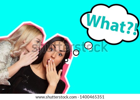 Two beautiful girl friends are talking some gossip for each other. Photo in comic strip style