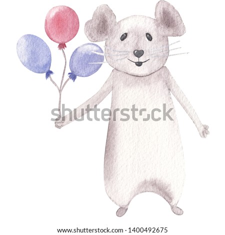 Cute and funny watercolor mouse illustration. Great for greeting cards for new year 2020. Hand drawn hand painted clip art for party decoration 300 dpi, high quality and resolution. 