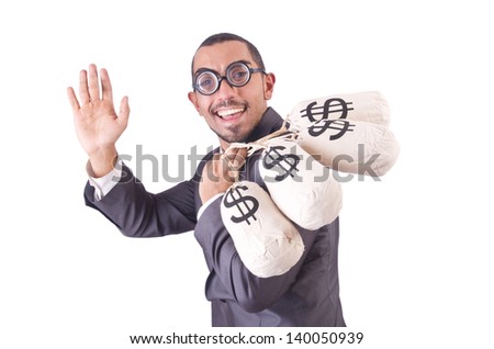 Man with money sacks on white