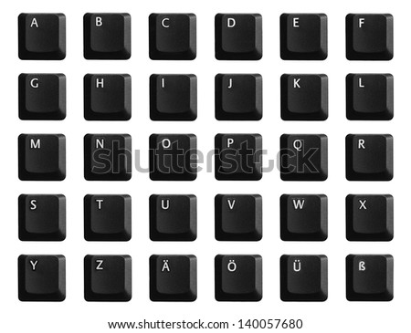 An alphabet taken from the keys of a black keyboard. German Umlaute included. Clipping path included.