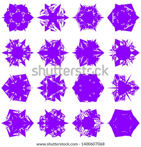 Violet Flowers / Pseudo-Snowflakes on white background. Sharp set of 16 items. 3 (three) angles. - Vector