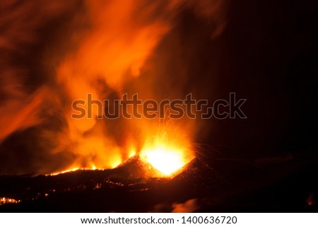 Volcanic eruption of Eyjafjallajökull at night.