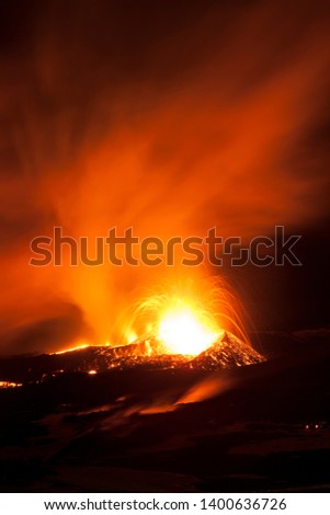Volcanic eruption of Eyjafjallajökull at night.