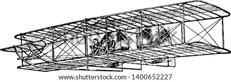 Wright Brothers Aeroplane most successful flying experiment which in 1908 made many successful ascensions, vintage line drawing or engraving illustration. Royalty-Free Stock Photo #1400652227