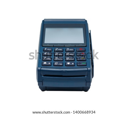 Electronic payment terminal. The case is made of blue plastic. Isolated on white. 