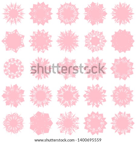 Pink Flowers / Pseudo-Snowflakes on white background. Sharp set of 25 items. 7 (seven) angles. - Vector