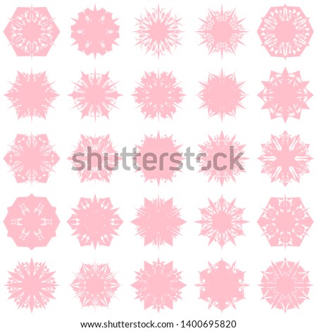 Pink Flowers / Pseudo-Snowflakes on white background. Sharp set of 25 items. 6 (six) angles. - Vector