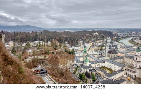 aerial view of Salzburg in Austria at winter time