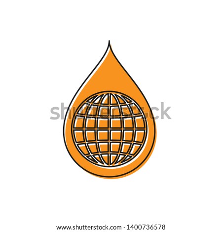 Orange Earth planet in water drop icon isolated on white background. World globe and water drop. Saving water and world environmental protection. Vector Illustration