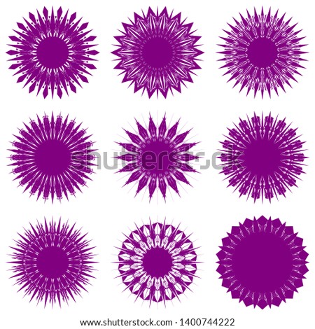 Purple Flowers / Pseudo-Snowflakes on white background. Sharp set of 9 items. 18 (eighteen) angles. - Vector