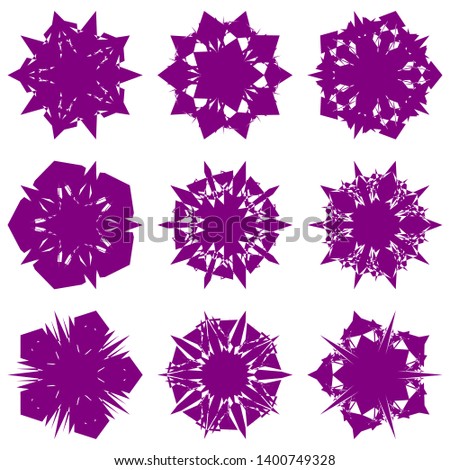 Purple Flowers / Pseudo-Snowflakes on white background. Sharp set of 9 items. 5 (five) angles. - Vector