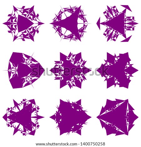 Purple Flowers / Pseudo-Snowflakes on white background. Sharp set of 9 items. 3 (three) angles. - Vector