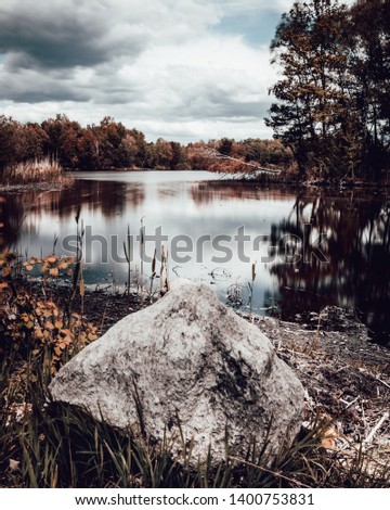 Lake with stone in a cloudy day with soft water and wooden texture and trees
