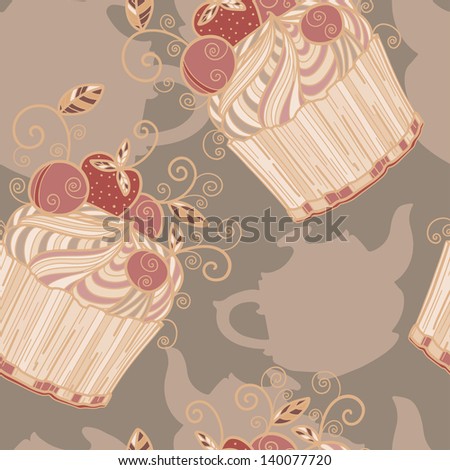 Seamless pattern with birthday cake and  kettles - vector