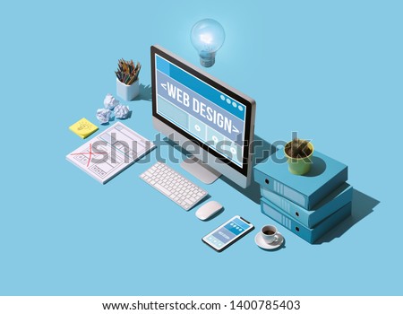 Professional web design and website development service: isometric computer with web page layout project and desktop work tools