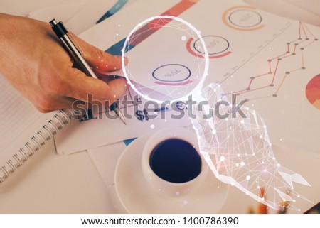 Creative start up concept hologram double exposure with human hand background.