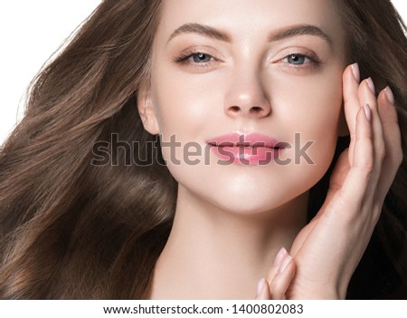 Beauty woman hair and skin face brunette hairstyle closeup cosmetic concept