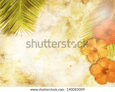 tropical background with palm leaves and hibiscus