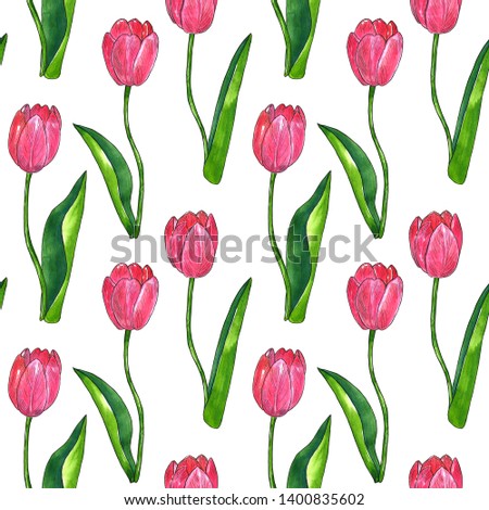 Red pink tulips with leaves. Seamless pattern. Texture for print, fabric, textile, wallpaper. Hand drawn watercolor and ink illustration on white