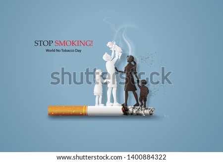  concept of no smoking and World No Tobacco Day with family .Paper cut style.