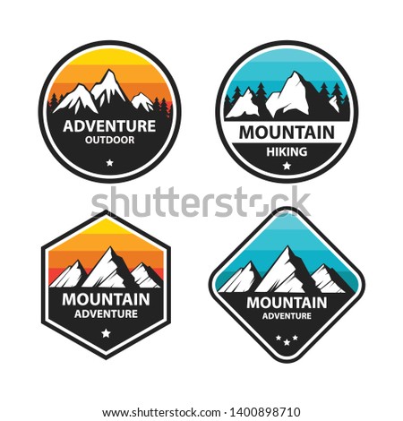 set of adventure outdoor concept badges, summer camping emblem, mountain travel logo. camping outdoor adventure emblems, badges and logo.