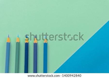 blue colored pencil watercolour One single object, top view, bright tint. Wooden hexagonal barrel, without eraser. Hand painted water colour graphic, cutout clipart element for design