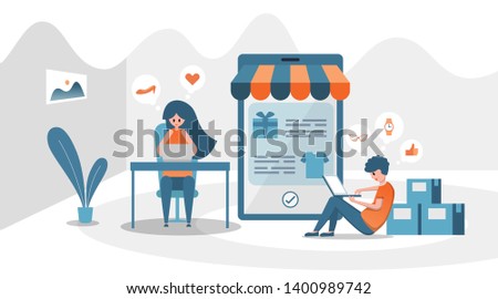 Online Shopping concept with character. Women and men are using smartphone for shopping, e-commerce, online payment. Can use for web banner. Flat disign.