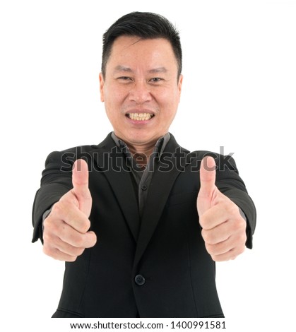 Portrait of confident businessman present confidence and success by showing two thumbs, isolated on white background