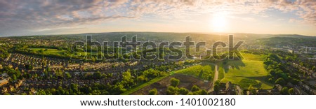 12k Aerial Panorama of Sheffield City at Sunset Royalty-Free Stock Photo #1401002180