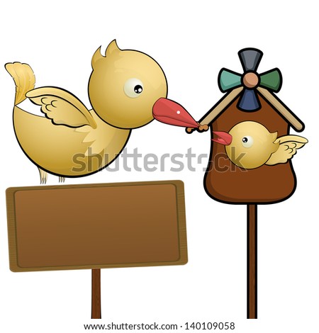 Flying bird and little bird in the bird house with wooden sign