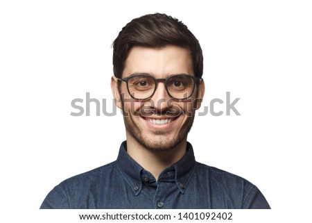 Headshot of smiling European Caucasian business man with haircut and glasses, isolated on white background