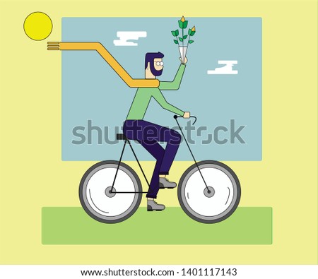 vector illustration of a man cycling happily with a bouquet on a bright sunny day