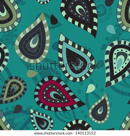 Seamless pattern with paisley ornament in cyan, blue and red color