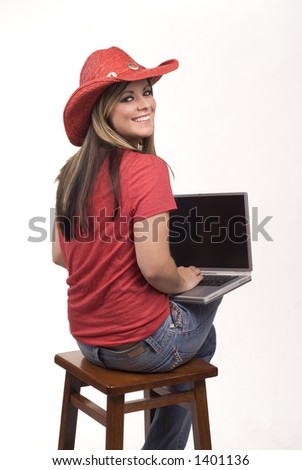 Woman in red cowboy hat and laptop