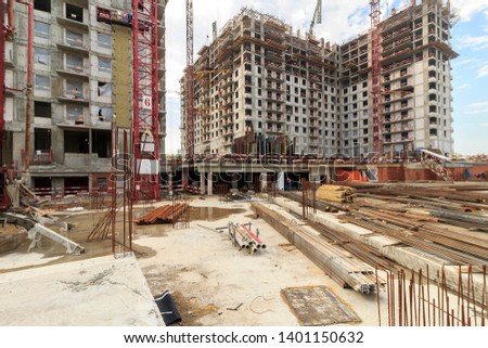 yard under construction residential complex. Buildings under construction of residential complex. Moscow may 2019