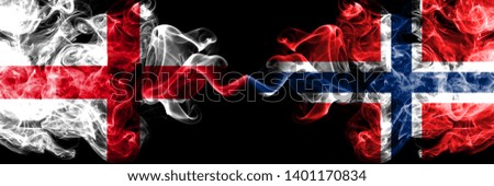 English vs Norway, Norwegian smoky mystic flags placed side by side. Thick colored silky smokes flag of England and Norway, Norwegian.