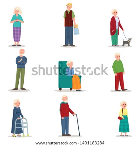 Set of old senior woman and man in different action
