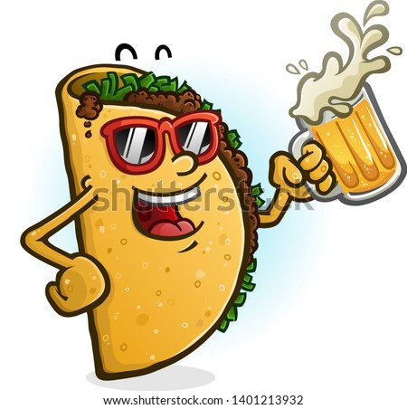 A cheerful cartoon taco character partying with a mug of mexican beer 