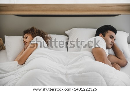 Problems in family quarrel, uncomfortable, unhappy, worry, misunderstood, offended, jealousy, infidelity, conflict, awkward and other bad feelings cause to couple break up and ending relationship. Royalty-Free Stock Photo #1401222326
