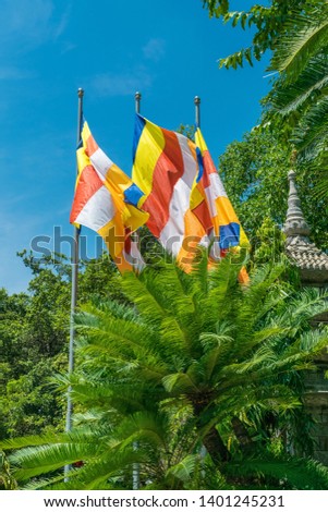 Three colorful flags over green tropical palm in asia