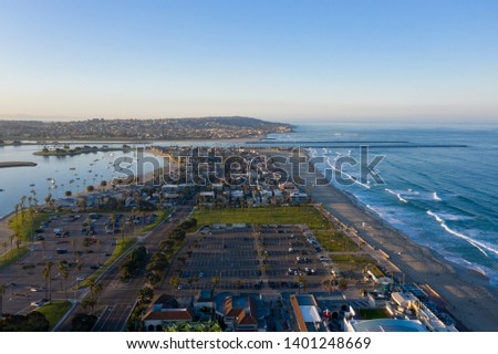 Beautiful aerial drone photo of Pacific Beach and Mission Beach in San Diego, California, taken during early morning hours.