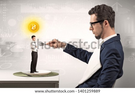 Giant businessman eating small man with financial background