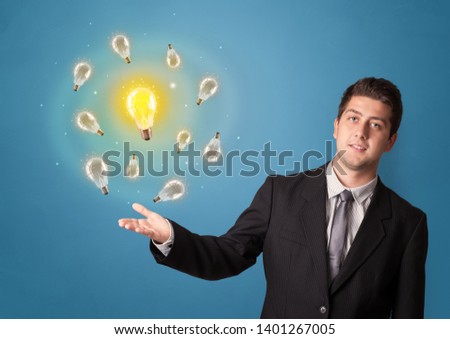 Young smiling person presenting new idea concept