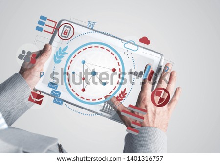 Close up of businessperson using digital tablet with blank display. 3d rendering