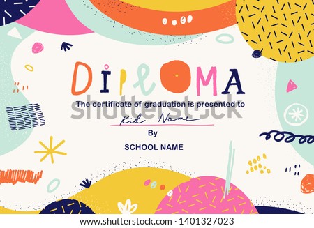 Modern colorful Diploma template for kids. Vector illustration.