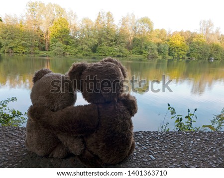 Two teddy bears sit arm in arm on a lake.
It's a romantic evening.