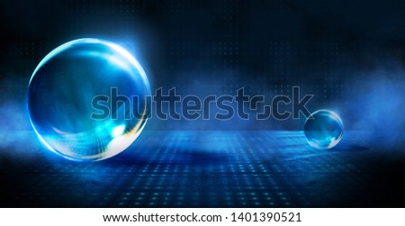Abstract blue background and glass ball. Reflection of blue neon light. Dark scene, wet asphalt, night view.
