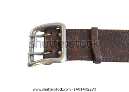 Brown leather army belt on white background. Military belt. Soldier's Trouser belt. Isolated.