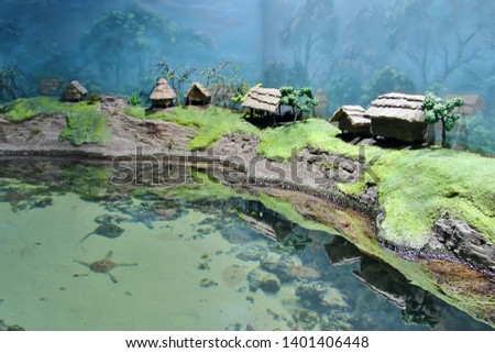Blurred picture of underwater world at aquarium. Lot of fish with colorful coral. Exotic freshwater fishes in aquarium. close-up underwater world. Blurry, soft focus. Concept under water world.
