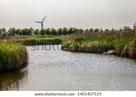 Landscape of Dongtan Wetland Park at Chongming Island, Shanghai China with a river on foreground and a wind turbine for green energy on background.